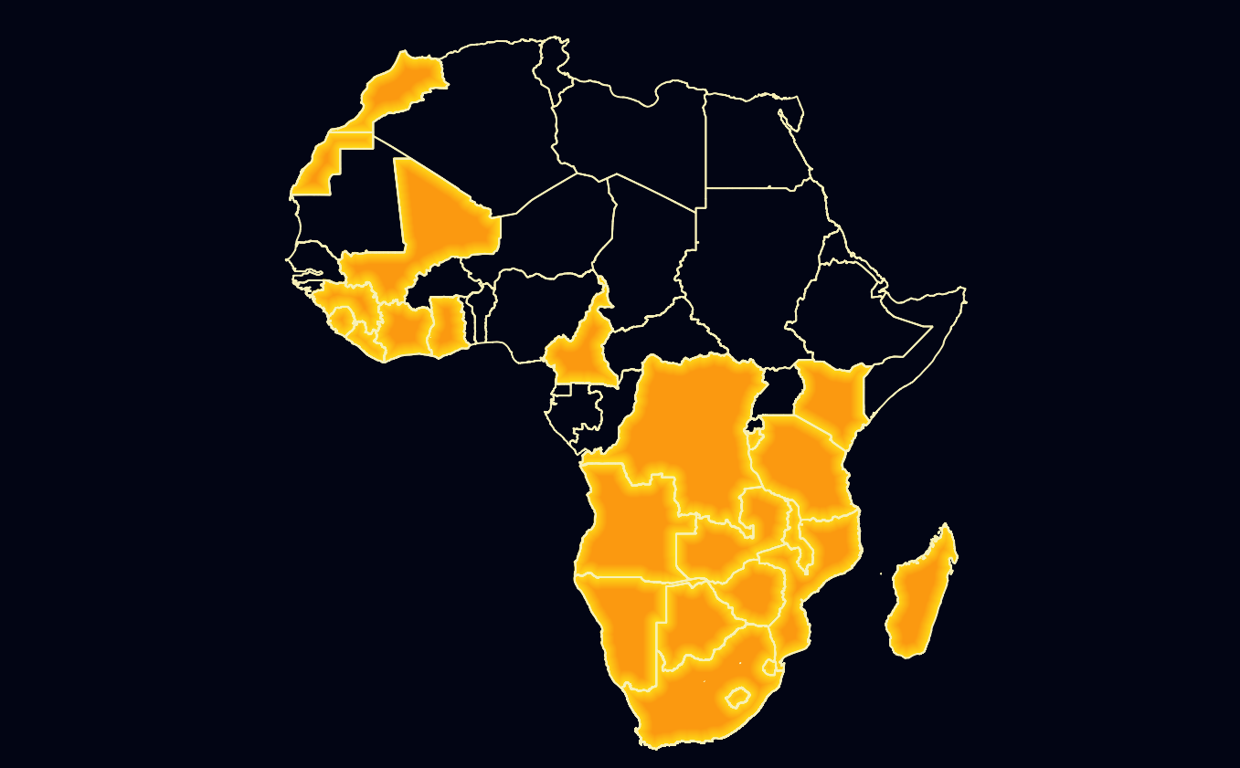 Map of Africa with highlighted countries where we have worked